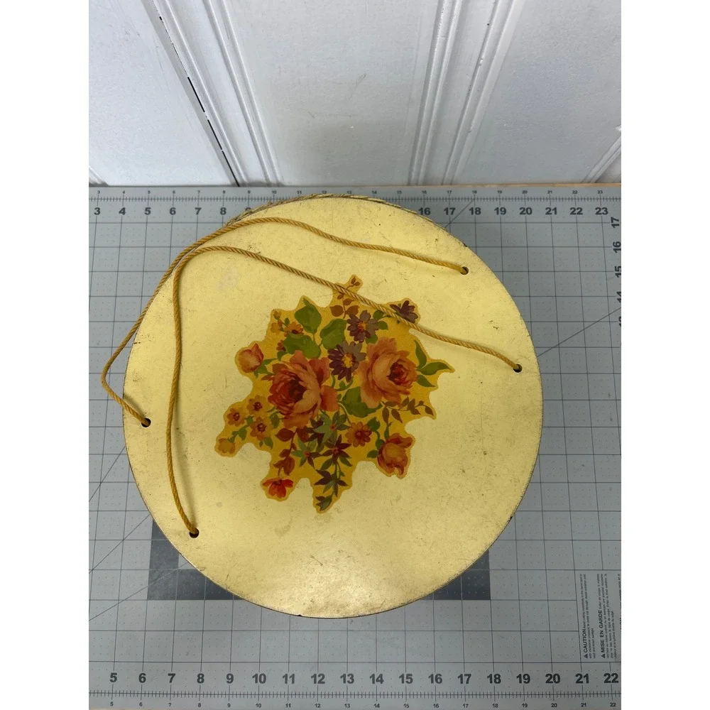 Vintage Princess Sewing Basket Yellow Wicker Round Lid Handle Floral 1940s